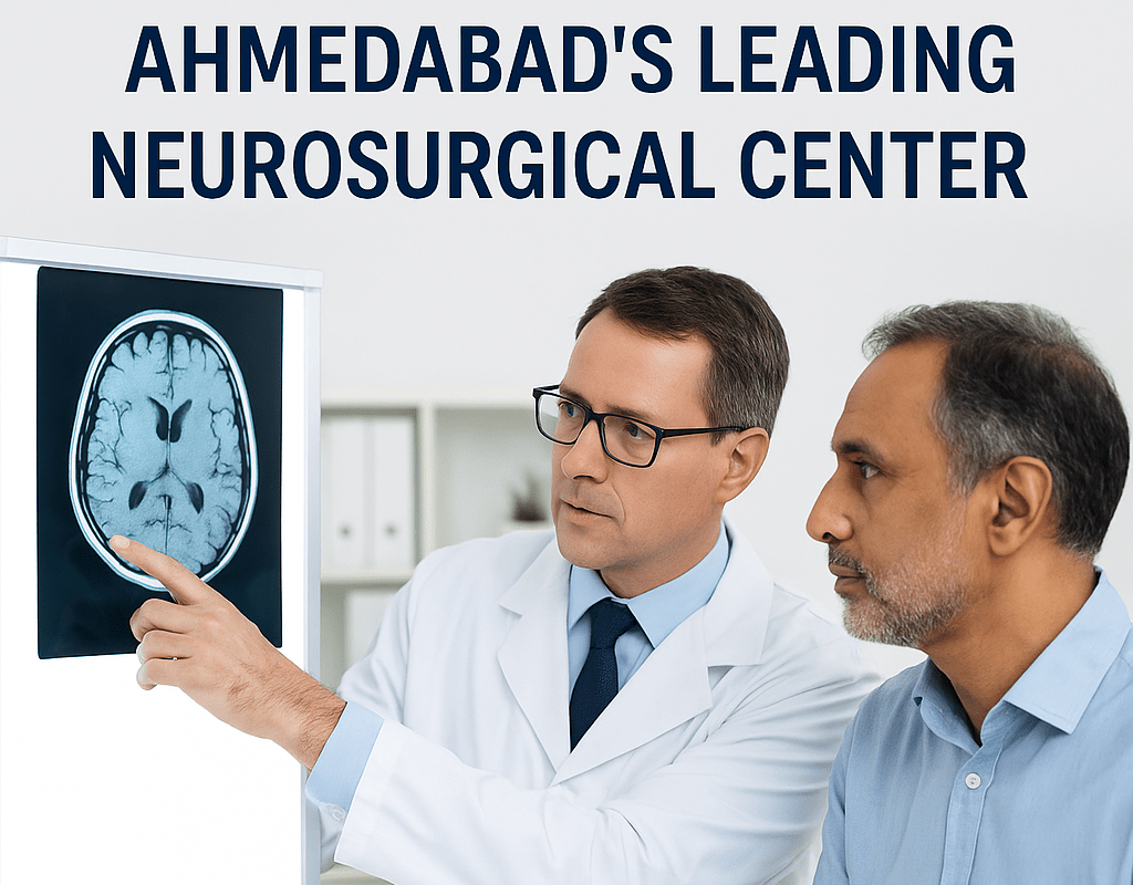 neurosurgical examining brain scan with patient at Care and Cure Hospital in Ahmedabad