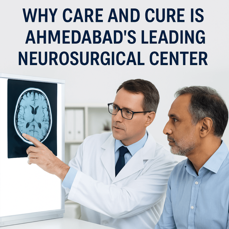 neurosurgical examining brain scan with patient at Care and Cure Hospital in Ahmedabad