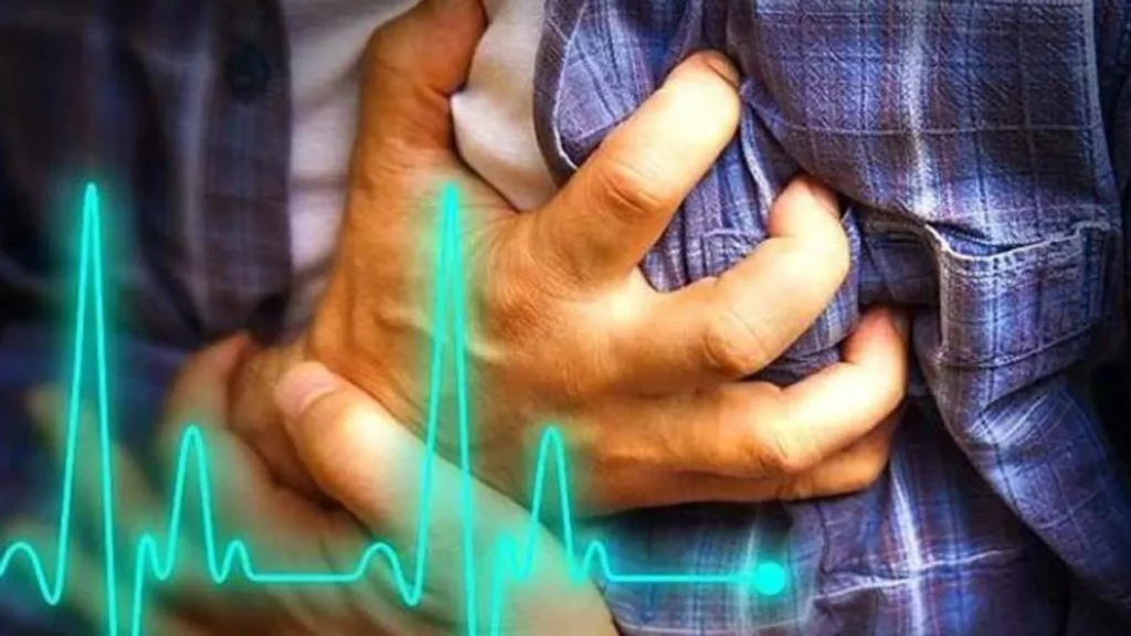 Heart pain or heart attack symptoms shown with ECG line and man clutching chest