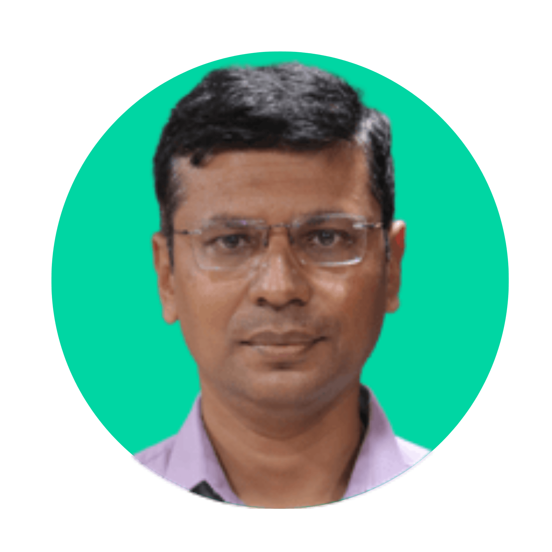 Doctors 21 Portrait of a man wearing glasses and a light purple shirt, shown against a bright green circular background.