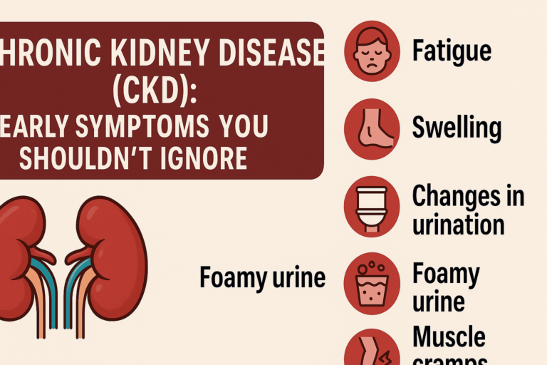 Infographic showing early symptoms of Chronic Kidney Disease (CKD) including fatigue, swelling, changes in urination, foamy urine, blood in urine, and muscle cramps.
