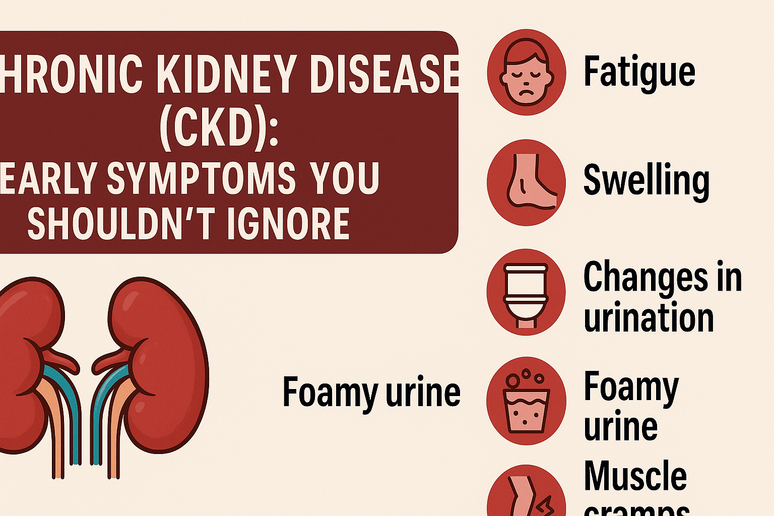 Infographic showing early symptoms of Chronic Kidney Disease (CKD) including fatigue, swelling, changes in urination, foamy urine, blood in urine, and muscle cramps.