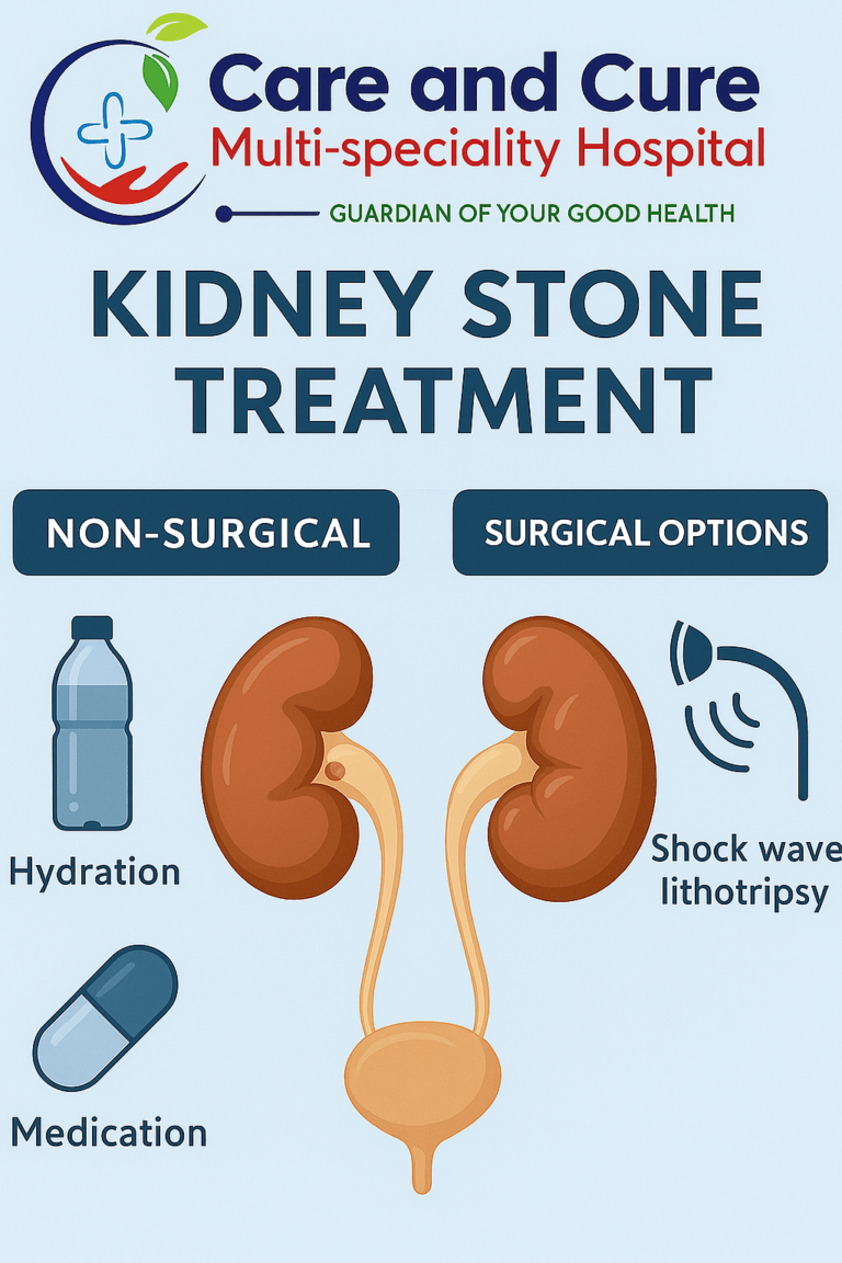 Educational graphic showing kidney stone treatment options—non-surgical and surgical—featuring kidney illustrations and icons for hydration, medication, and shock wave lithotripsy.