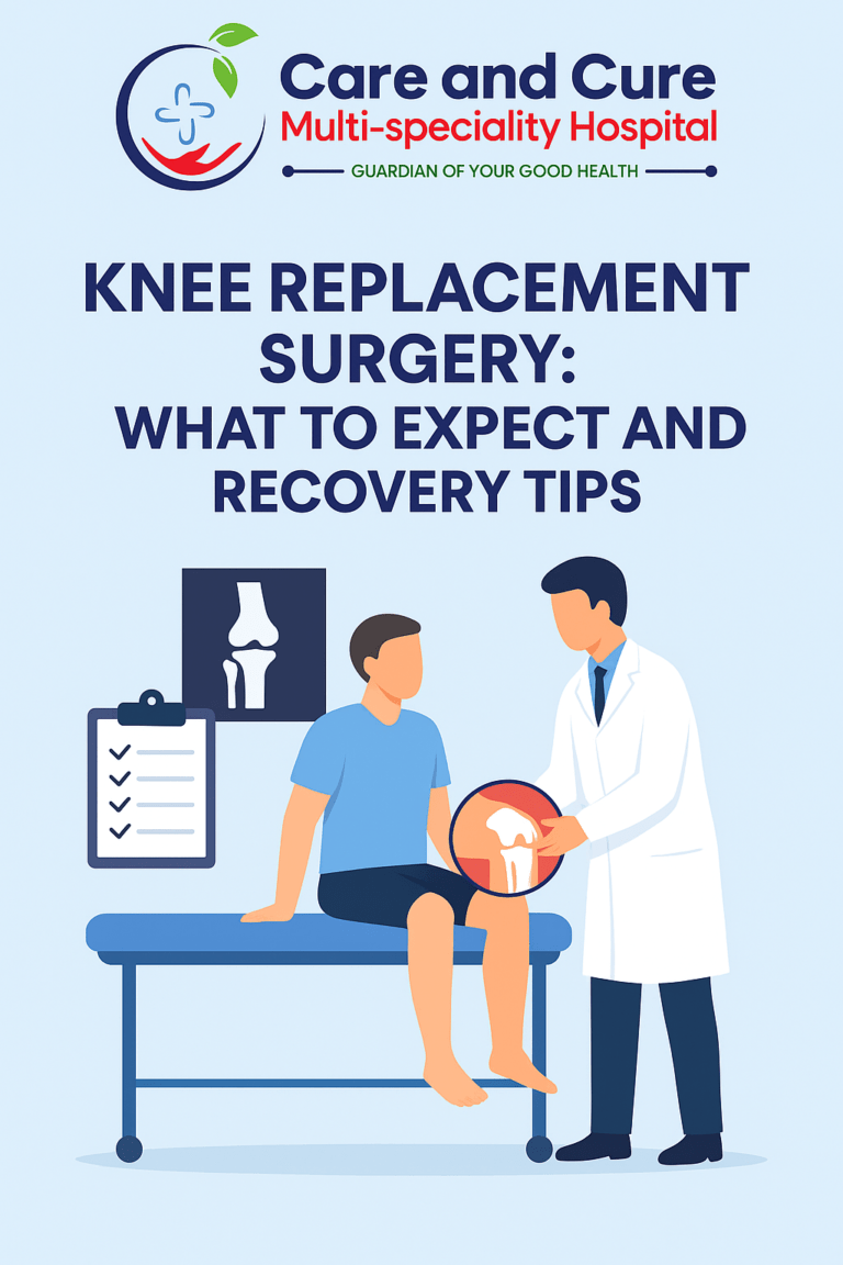 Illustration of a doctor consulting a patient about knee replacement surgery, with Care and Cure Multi-speciality Hospital branding.