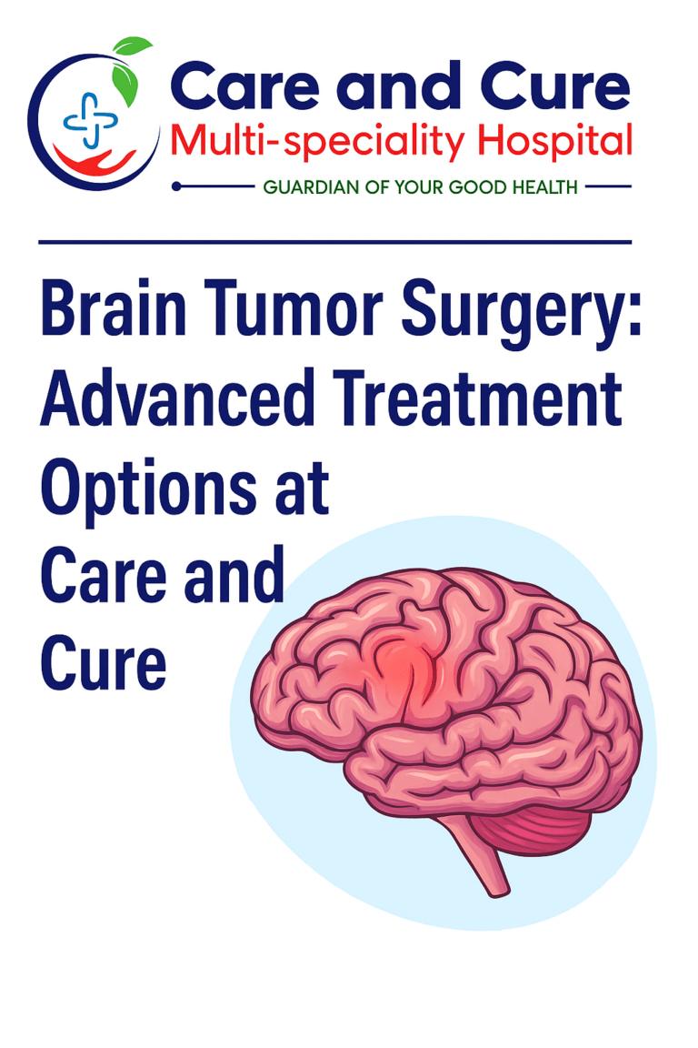 Promotional graphic for brain tumor surgery featuring a human brain illustration and Care and Cure Multi-speciality Hospital branding.