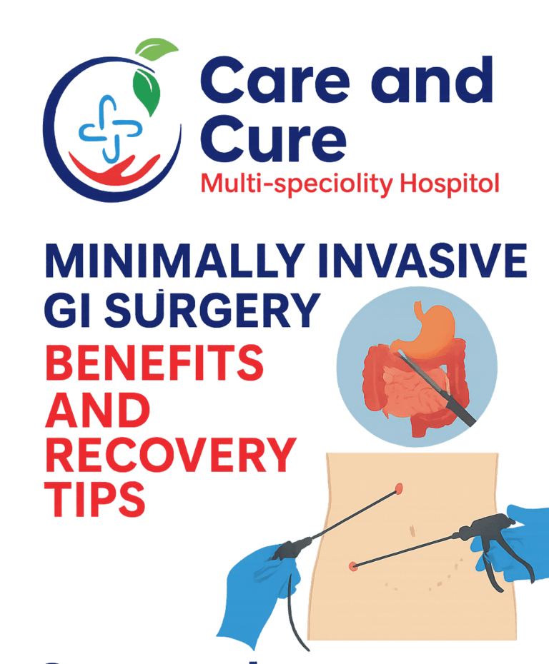 llustration promoting minimally invasive gastrointestinal (GI) surgery, featuring medical instruments, internal organs, and branding for Care and Cure Multi-speciality Hospital.