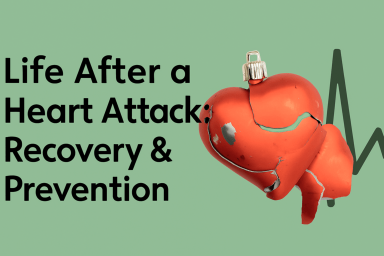 Cracked red heart symbolizing heart attack with ECG line background