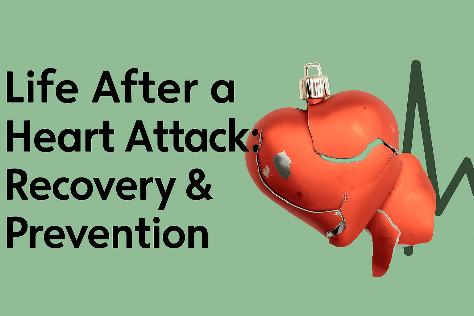 Cracked red heart symbolizing heart attack with ECG line background