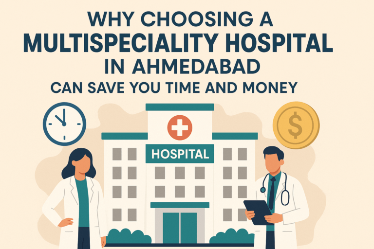 Illustration of doctors outside a multispeciality hospital in Ahmedabad with icons for time and money savings.