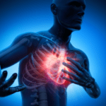 3D medical illustration of a male figure clutching his chest, highlighting the heart in red, symbolizing cardiac pain or a heart attack.-Cardiologist
