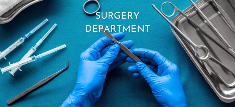 Surgical tools and gloved hands preparing for surgery at Care and Cure Hospital Ahmedabad
