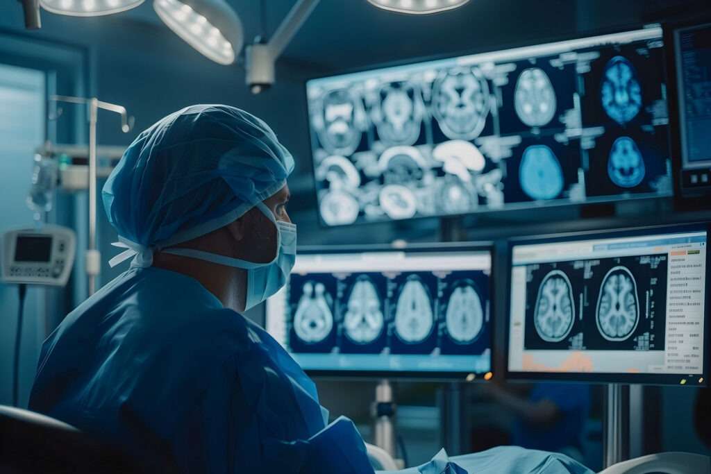 Neurologist analyzing brain MRI scans on monitors – Best Neurology Hospital in Ahmedabad