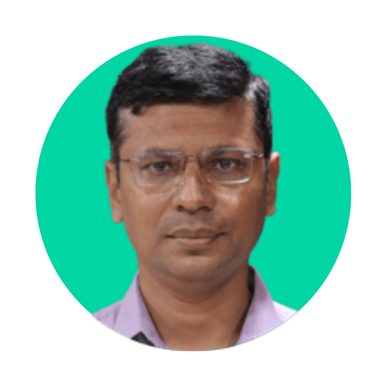 Portrait of a man wearing glasses and a light purple shirt, shown against a bright green circular background.